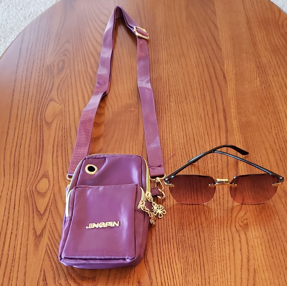 Jing Pin convertible mini shoulder bag w/matching sunglasses, purple - NEW